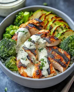 Grilled Chicken & Broccoli Bowls with Creamy Garlic Sauce