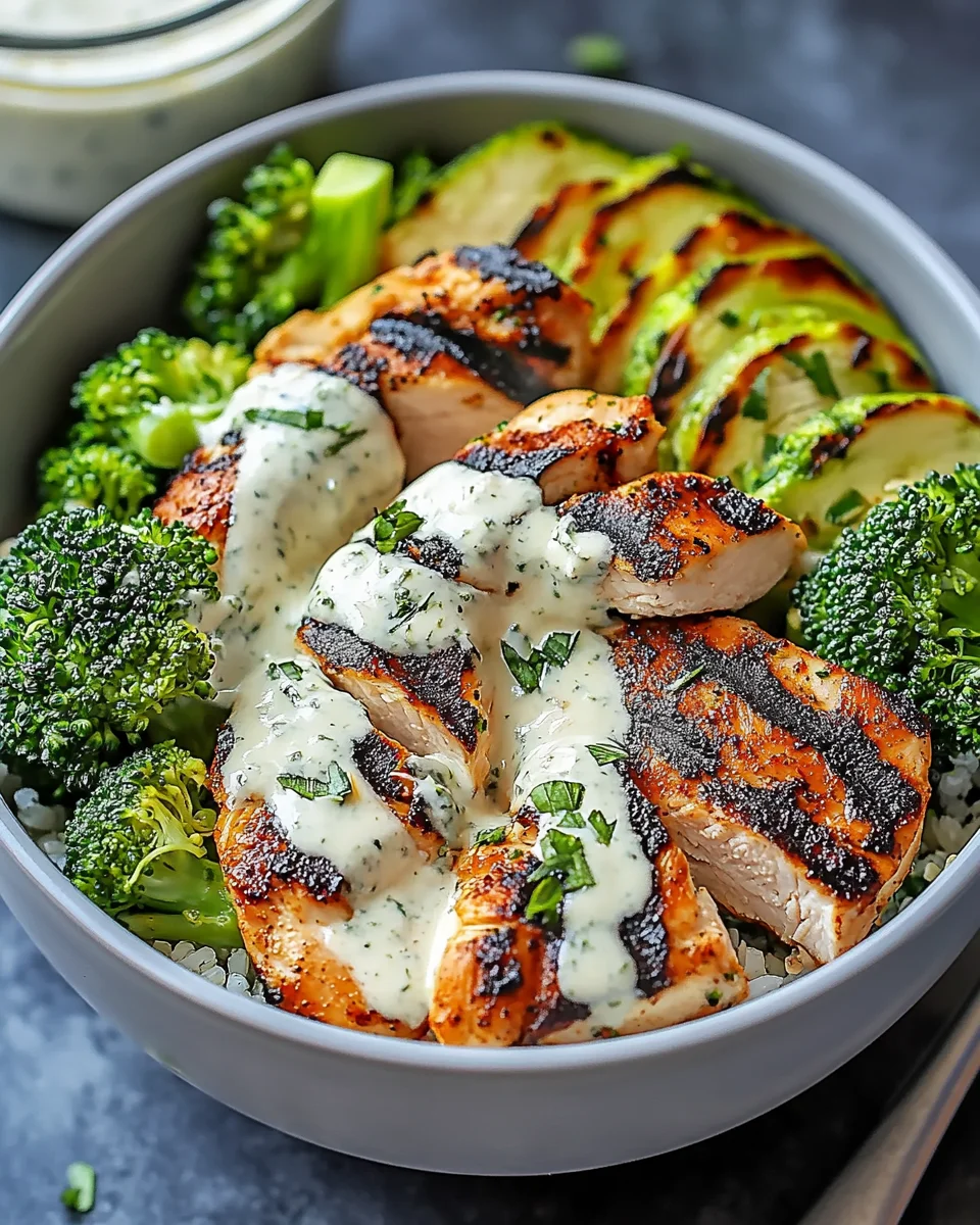 Grilled Chicken & Broccoli Bowls with Creamy Garlic Sauce