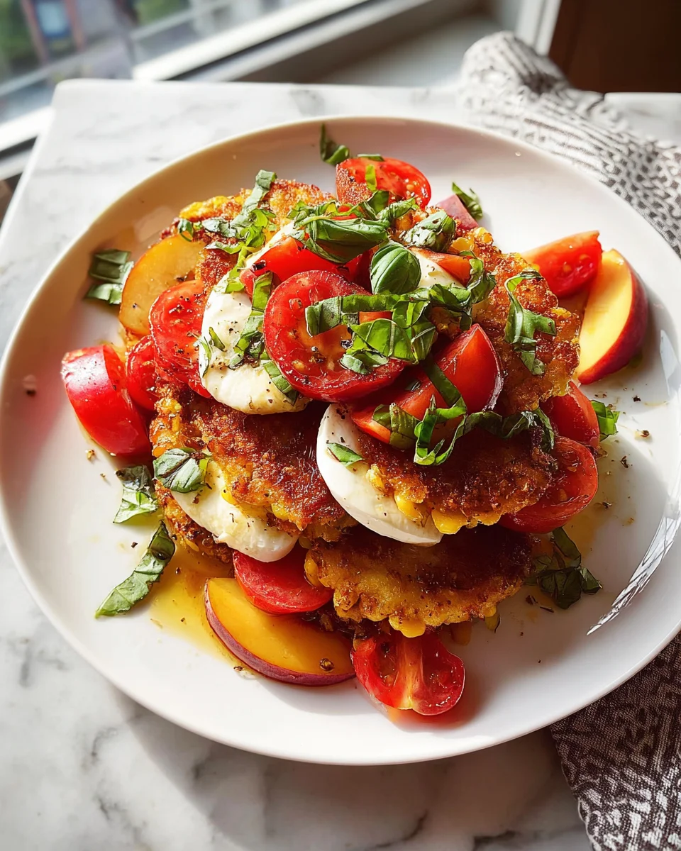 Corn Fritter Caprese with Peaches and Tomatoes 38 Corn Fritter Caprese with Peaches and Tomatoes