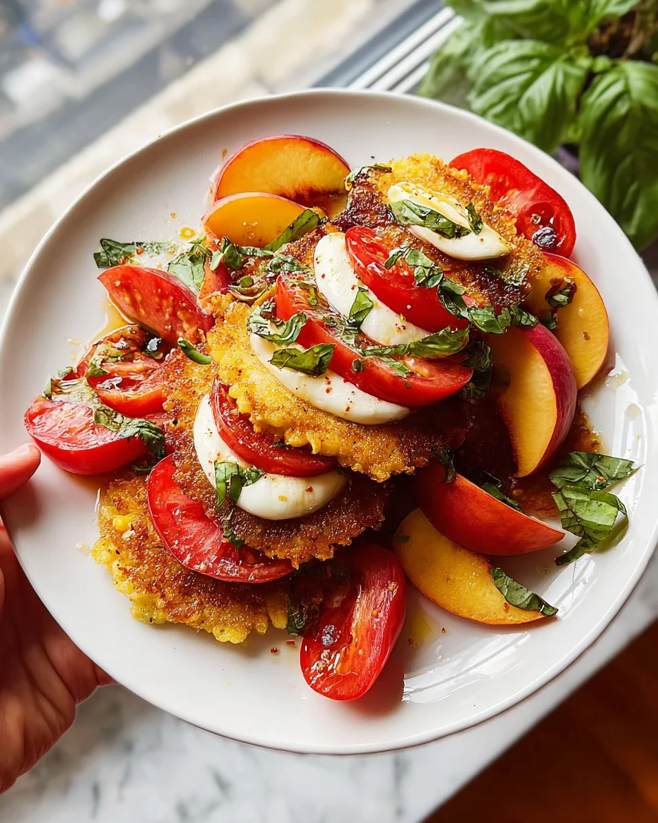 Corn Fritter Caprese with Peaches and Tomatoes 39 Corn