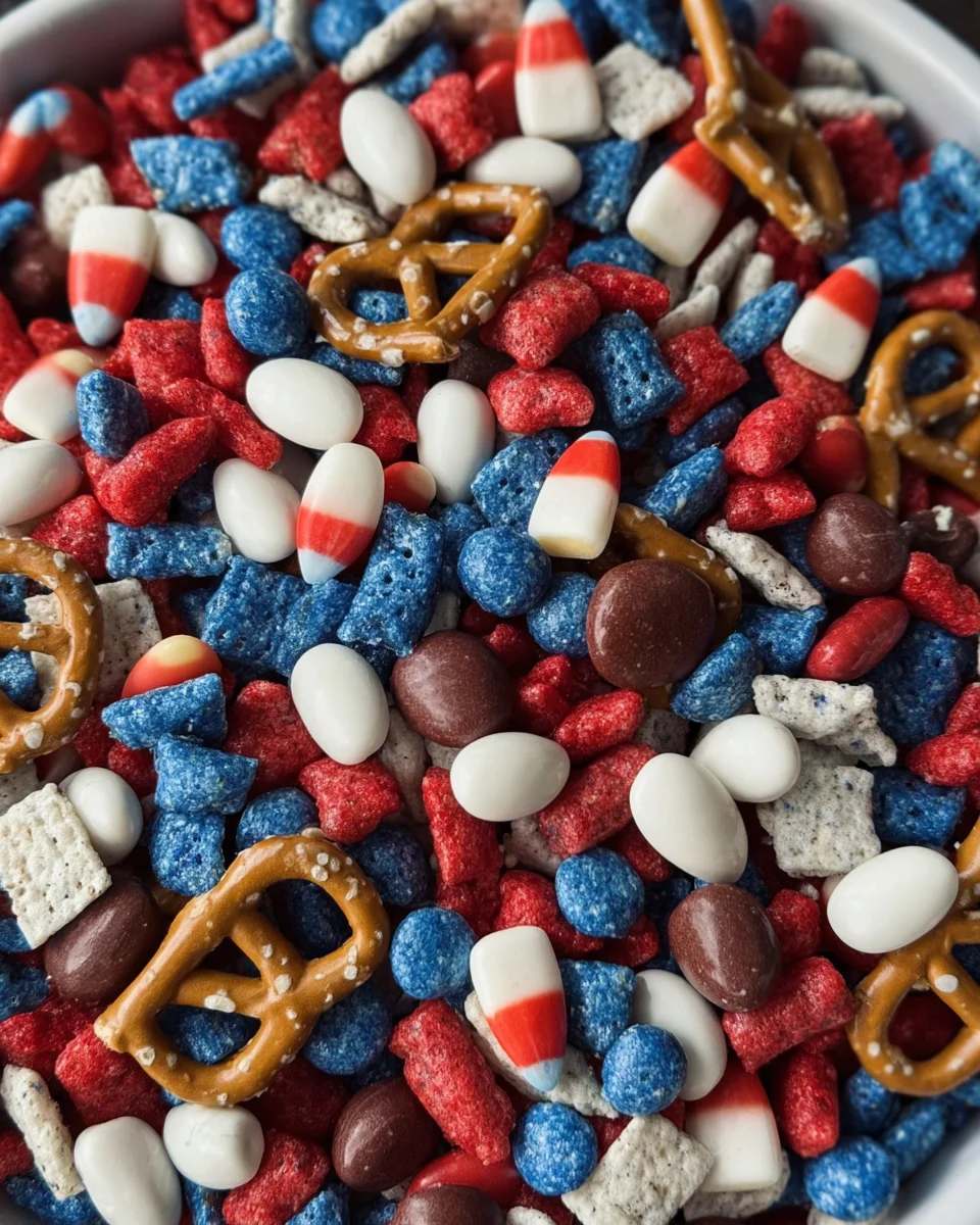 Red, white, and blue snack mix